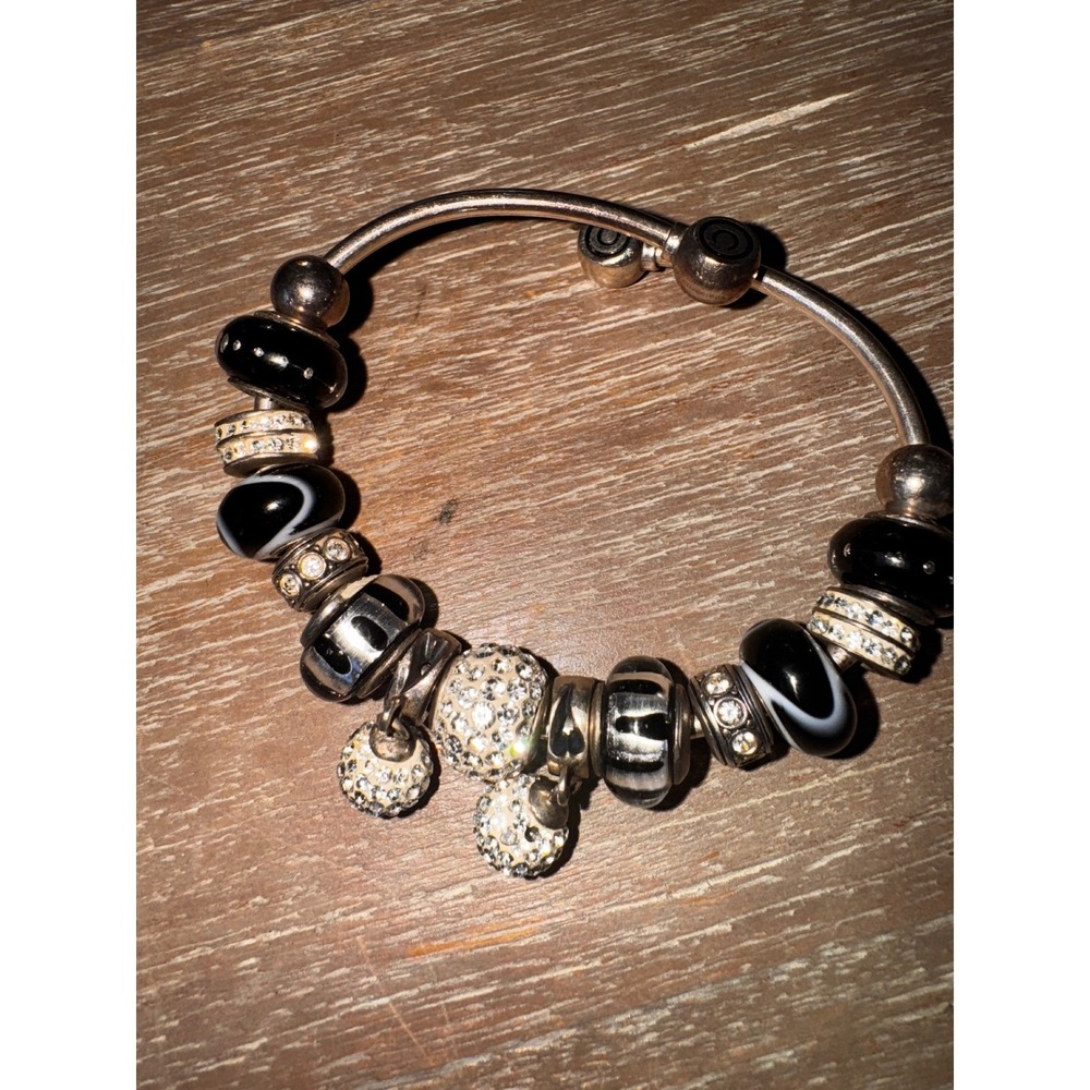 Chamilia Black Silver Charm Bracelet Dangle Sterling Silver Crystal  Bangle‎